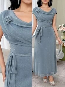 Feyla Women's Shimmering Dusty Blue Midi Dress,Elegant Slim Fit Asymmetrical Neckline Gown With Rose Detail And Waist Tie For Summer Party Evening Wear - Blue - View 9