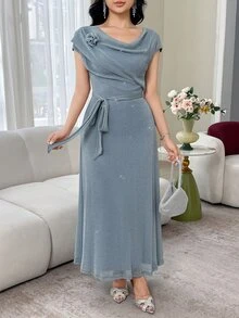 Feyla Women's Shimmering Dusty Blue Midi Dress,Elegant Slim Fit Asymmetrical Neckline Gown With Rose Detail And Waist Tie For Summer Party Evening Wear - Blue - View 4