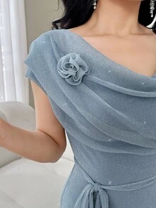 Feyla Women's Shimmering Dusty Blue Midi Dress,Elegant Slim Fit Asymmetrical Neckline Gown With Rose Detail And Waist Tie For Summer Party Evening Wear - Blue - View 7