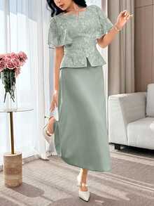 Feyla Conjunto de 2 piezas de top y falda de jacquard para mujer, de moda para citas y fiestas - Verde - Ver 6