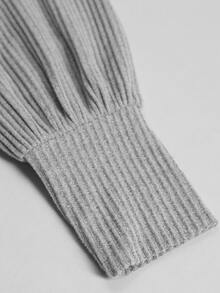 Weeklong Plus Size Women's Oatmeal Ribbed Knit Two Pieces Set, High Neck Lantern Sleeve Asymmetrical Cover Up + Bodycon Skirt, Soft Style, Date Night, Party, Daily Commute Outfit - Grey - View 4