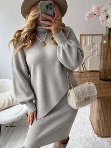 Weeklong Plus Size Women's Oatmeal Ribbed Knit Two Pieces Set, High Neck Lantern Sleeve Asymmetrical Cover Up + Bodycon Skirt, Soft Style, Date Night, Party, Daily Commute Outfit - Grey - View 6