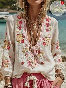 Hotletica [Printed Design] Women's Floral Pattern Front Tie Long Sleeve Blouse For Vacation - Multicolor - View 1