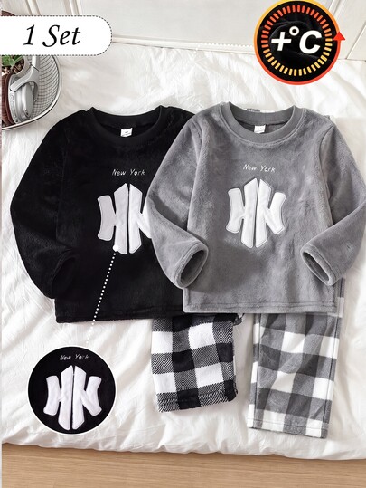 Boys' Fashion Minimalist Comfortable Soft Skin-Friendly Fleece Lined Thick Plush Warm Black & White English Embroidery Plaid Print Crew Neck Pullover Long Sleeve Top & Long Pants Pajama Set, 2 Pieces Loungewear