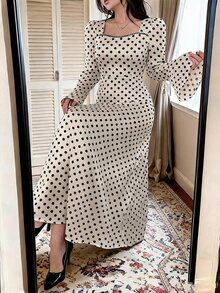 Feyla 女款優雅1950年代復古圓點中長洋裝 方領喇叭袖 晚餐約會早午餐茶會 日間穿著 黑白配色 秋季 - 彩色 - 查看 9