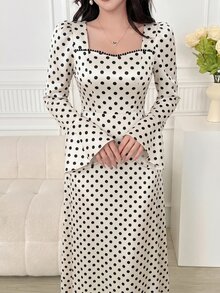 Feyla 女款優雅1950年代復古圓點中長洋裝 方領喇叭袖 晚餐約會早午餐茶會 日間穿著 黑白配色 秋季 - 彩色 - 查看 7