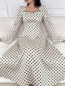 Feyla 女款優雅1950年代復古圓點中長洋裝 方領喇叭袖 晚餐約會早午餐茶會 日間穿著 黑白配色 秋季 - 彩色 - 查看 5