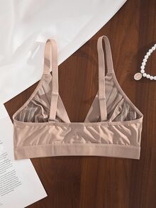 SHEIN Casual Fishnet & Lace Patchwork Hollow Out Sexy Deep V Front Closure Wireless Bra - Mocha Brown - View 7