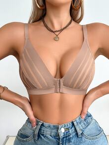 SHEIN Casual Fishnet & Lace Patchwork Hollow Out Sexy Deep V Front Closure Wireless Bra - Mocha Brown - View 8