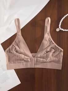 SHEIN Casual Fishnet & Lace Patchwork Hollow Out Sexy Deep V Front Closure Wireless Bra - Mocha Brown - View 4