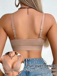 SHEIN Casual Fishnet & Lace Patchwork Hollow Out Sexy Deep V Front Closure Wireless Bra - Mocha Brown - View 2