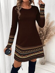 SHEIN LUNE 女款幾何印花圓領長袖休閒短洋裝，適合度假 - 彩色 - 查看 4