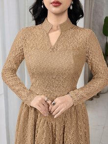 Feyla 女士优雅通勤纯色蕾丝中长连衣裙 - 卡其色 - 查看 3