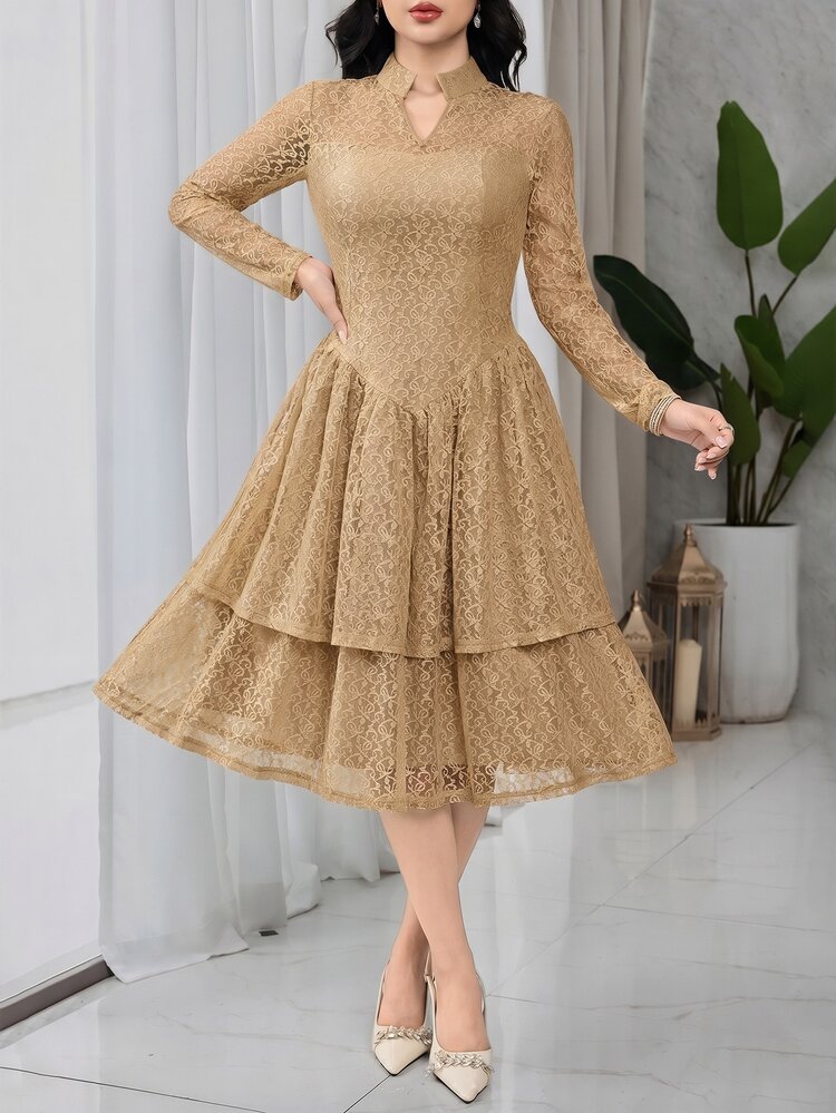 Feyla Women's Elegant Lace Tiered Midi Dress With Stand Collar And Long Bell Sleeves Perfect For Parties And Special Occasions - Khaki - View 5