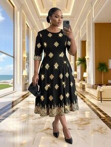 SHEIN Lady CURVE 大尺碼復古印花優雅洋裝，適合晚宴、婚禮正式場合，黑金色夏季款 - 彩色 - 查看 4