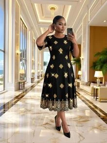 SHEIN Lady CURVE 大尺碼復古印花優雅洋裝，適合晚宴、婚禮正式場合，黑金色夏季款 - 彩色 - 查看 3