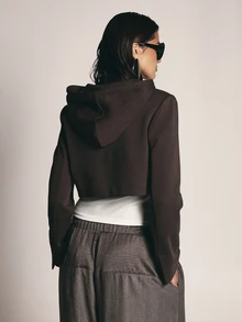 KSTM Cropped Zip-Up Hoodie With Drawstring Hood And Split Cuffs Structured Silhouette Fall Winter Layering Essential - Brown - View 2