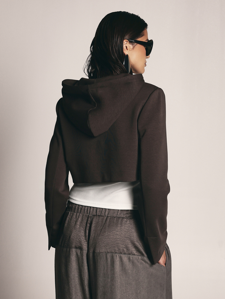 KSTM Cropped Zip-Up Hoodie With Drawstring Hood And Split Cuffs Structured Silhouette Fall Winter Layering Essential - Brown - View 2