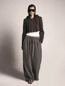 KSTM Cropped Zip-Up Hoodie With Drawstring Hood And Split Cuffs Structured Silhouette Fall Winter Layering Essential - Brown - View 3
