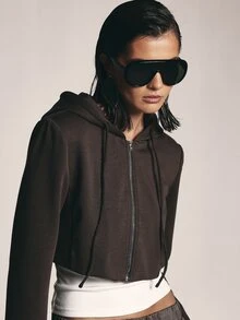 KSTM Cropped Zip-Up Hoodie With Drawstring Hood And Split Cuffs Structured Silhouette Fall Winter Layering Essential - Brown - View 4