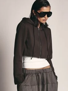 KSTM Cropped Zip-Up Hoodie With Drawstring Hood And Split Cuffs Structured Silhouette Fall Winter Layering Essential - Brown - View 1