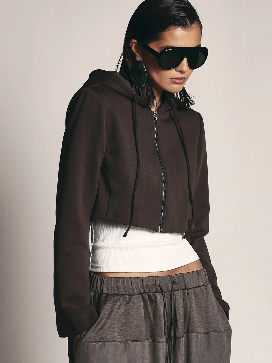 KSTM Cropped Zip-Up Hoodie With Drawstring Hood And Split Cuffs Structured Silhouette Fall Winter Layering Essential - Brown - View 1