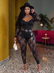 Veslaya 2025 Plus Size Women's Sexy Spaghetti Strap Sheer Lace Patchwork Jumpsuit - Black - View 1