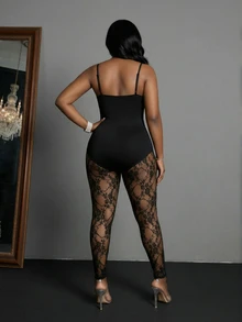 Veslaya 2025 Plus Size Women's Sexy Spaghetti Strap Sheer Lace Patchwork Jumpsuit - Black - View 2