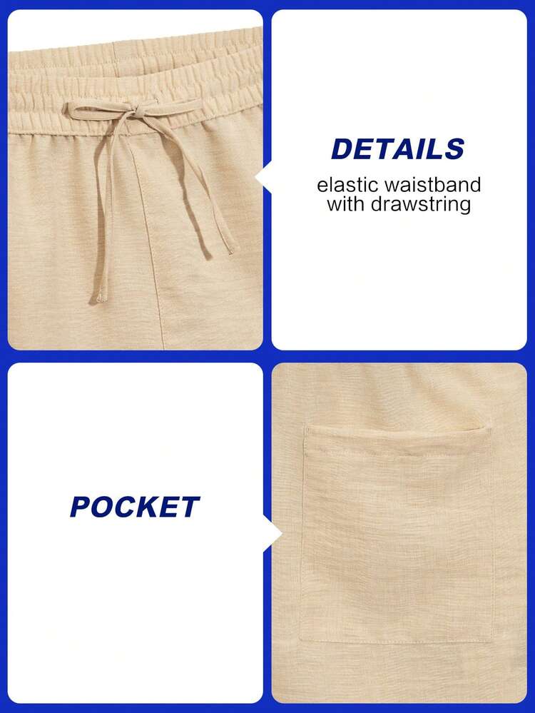 CoralVoy Men's Casual Solid Color Drawstring Waist Slant Pocket Beach Shorts,Summer Khaki Swim Trunks Imitation Linen Fabric,Vacation Holiday Loose Beach Pants - Apricot - View 8