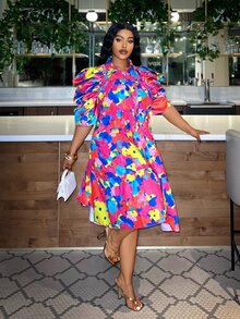 Veslaya Colorful Casual Plus Size Printed Loose Puff Sleeve A-Line Dress For Women - Multicolor - View 3
