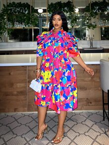 Veslaya Colorful Casual Plus Size Printed Loose Puff Sleeve A-Line Dress For Women - Multicolor - View 4