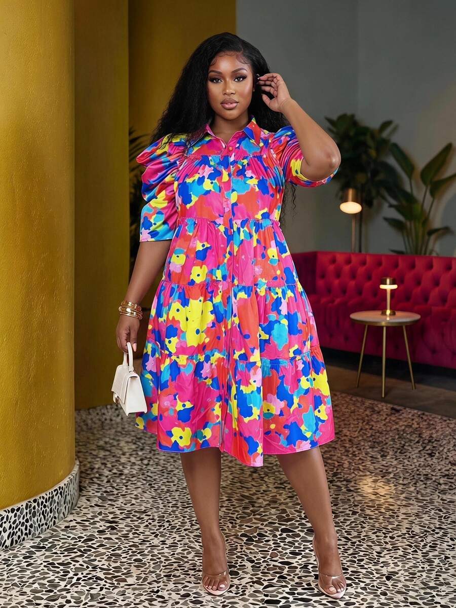 Veslaya Colorful Casual Plus Size Printed Loose Puff Sleeve A-Line Dress For Women - Multicolor - View 1