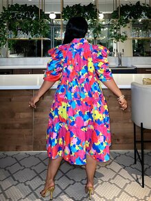 Veslaya Colorful Casual Plus Size Printed Loose Puff Sleeve A-Line Dress For Women - Multicolor - View 2