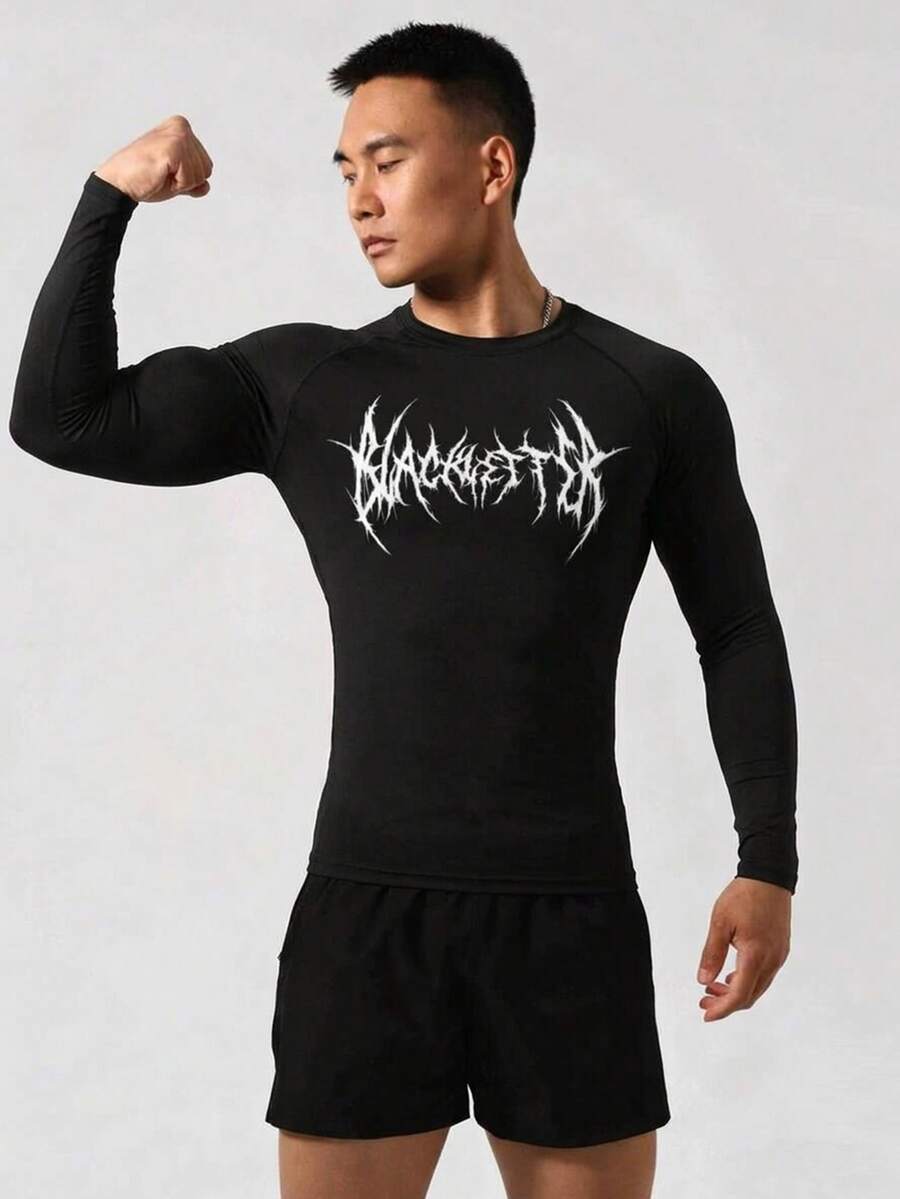 Gym Rark Men's Slim Fit Skeleton Print Long Sleeve Athletic T-Shirt - Black - View 1
