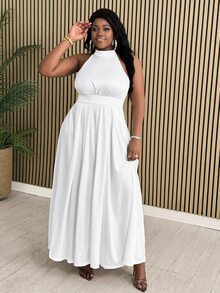 Veslaya Women's Plus Size Solid Color Woven Halter Dress For Vacation And Casual Occasions - White - View 6