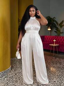 Veslaya Women's Plus Size Solid Color Woven Halter Dress For Vacation And Casual Occasions - White - View 1