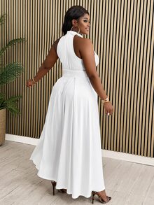 Veslaya Women's Plus Size Solid Color Woven Halter Dress For Vacation And Casual Occasions - White - View 2