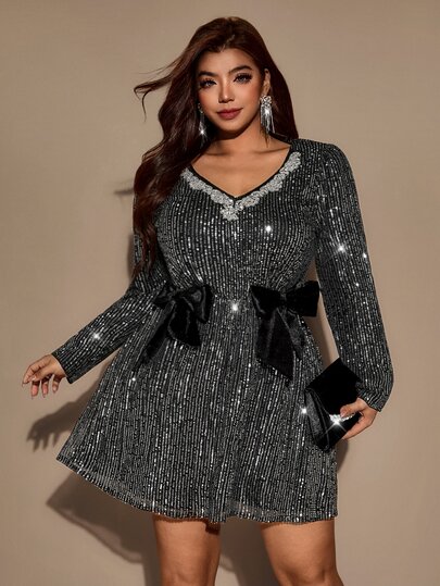 Velvienne Plus Size Full Sequin V-Neck Rhinestone Decor Long Sleeve Mini Dress, Double Layer Velvet Bow Detail, Black Party Dress