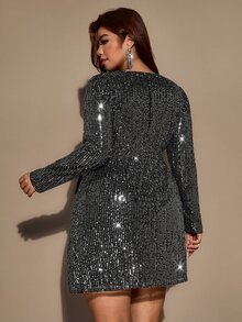 Velvienne 大尺碼全亮片V領水鑽裝飾長袖迷你洋裝，雙層天鵝絨蝴蝶結設計，黑色派對洋裝，適合聖誕與秋季 - 黑色 - 查看 2