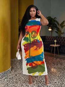 Veslaya Casual Printed Plus Size Sleeveless H-Line Dress With Side Splits For Women - Multicolor - View 1
