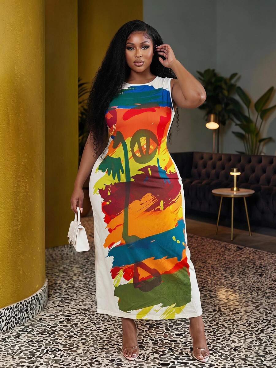 Veslaya Casual Printed Plus Size Sleeveless H-Line Dress With Side Splits For Women - Multicolor - View 1