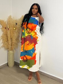 Veslaya Casual Printed Plus Size Sleeveless H-Line Dress With Side Splits For Women - Multicolor - View 5