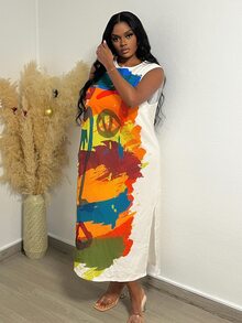 Veslaya Casual Printed Plus Size Sleeveless H-Line Dress With Side Splits For Women - Multicolor - View 3