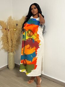 Veslaya Casual Printed Plus Size Sleeveless H-Line Dress With Side Splits For Women - Multicolor - View 4