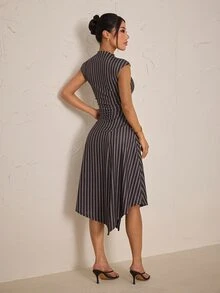 SHEIN PETITE Women's Street Style Striped Cinched Waist Asymmetrical Hem Dress - Navy Blue - View 2