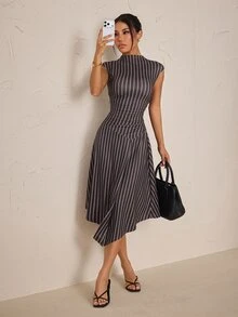 SHEIN PETITE Women's Street Style Striped Cinched Waist Asymmetrical Hem Dress - Navy Blue - View 7