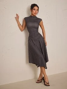 SHEIN PETITE Women's Street Style Striped Cinched Waist Asymmetrical Hem Dress - Navy Blue - View 6