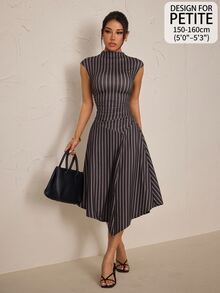 SHEIN PETITE Women's Street Style Striped Cinched Waist Asymmetrical Hem Dress - Navy Blue - View 8