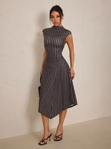 SHEIN PETITE Women's Street Style Striped Cinched Waist Asymmetrical Hem Dress - Navy Blue - View 3