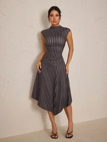 SHEIN PETITE Women's Street Style Striped Cinched Waist Asymmetrical Hem Dress - Navy Blue - View 4